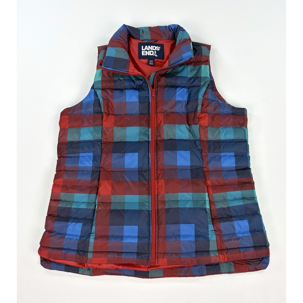 Lands' End Down Puffer Vest Women's L 14-16 Black White Glen Plaid Lightweight